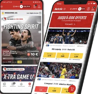 Aplicativo móvel da Betclic com desafios de apostas e odds em partidas de futebol europeu Dois smartphones exibindo a interface do aplicativo Betclic com missões, promoções e apostas em jogos da Liga dos Campeões